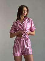 Ніжна жіноча смугаста піжама шовковий домашній комплект сорочка і шорти в смужку літній
