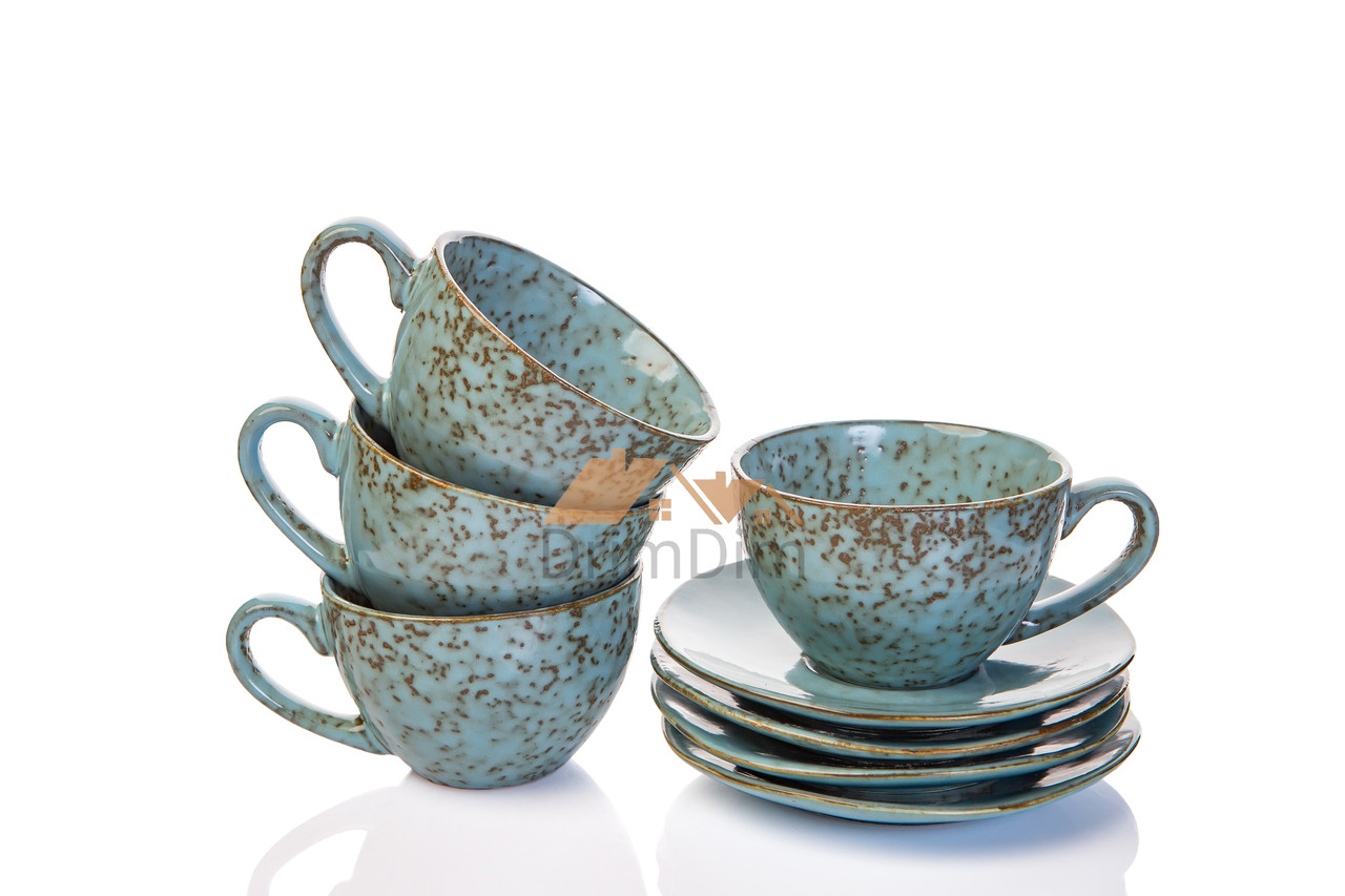 Чайний сервіз (набір чашок) 250 мл 4 чашки + блюдця із блакитної кераміки Ретро