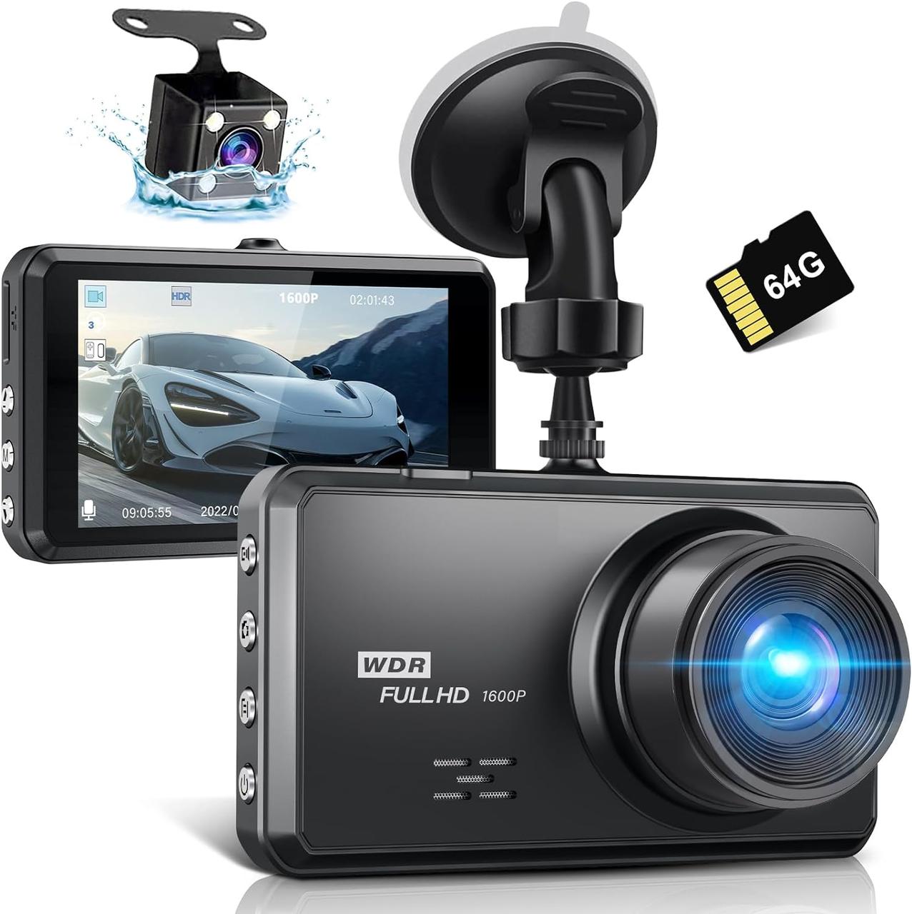 Miden S7 - Відеореєстратор, передня та задня камера, 64Gb SD-карта,1600P+1080P FHD,IPS екран, нічне бачення