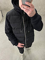 Однотонная весенняя черная мужская куртка с текстильными рукавами, легкая ветровка с капюшоном на пуху