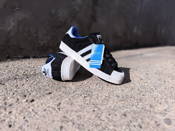 ADIDAS SuperStar Black/ White/ BLUE Кроссовки адидас ЧЕРНЫЕ с белым замшевые с синей подкладкой унисекс, фото 1