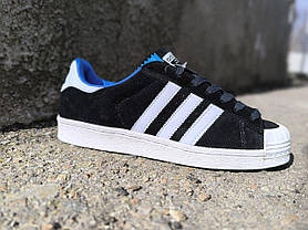ADIDAS SuperStar Black/ White/ BLUE Кроссовки адидас ЧЕРНЫЕ с белым замшевые с синей подкладкой унисекс, фото 3