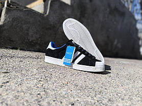 ADIDAS SuperStar Black/ White/ BLUE Кроссовки адидас ЧЕРНЫЕ с белым замшевые с синей подкладкой унисекс, фото 5