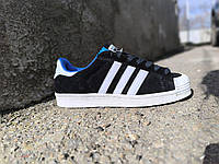 ADIDAS SuperStar Black/ White/ BLUE Кроссовки адидас ЧЕРНЫЕ с белым замшевые с синей подкладкой унисекс 44