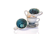 Чайний сервіз (набір чашок) 100 мл 4 чашки + блюдця із блакитної кераміки Тотем