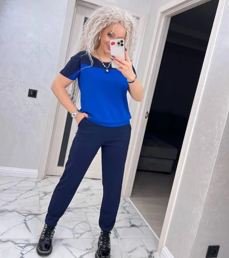 Жіночий літній костюм з брюками синій трикотажний костюм жіночий прогулянковий красивий костюм великого розміру, фото 1