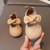 Детские бежевые туфли для девочки. Лоферы с бантиком для детей, коричневые туфельки