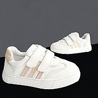 Детские кожаные белые кроссовки кеды, легкая обувь для девушек на липучке в РАЗМЕРЕ: 26,29