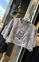 Женский топ (короткая футболка) варенка, рванка с потертостями washed effect «Ramones» M/L