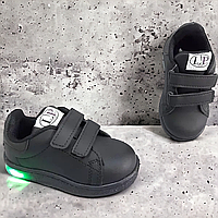 Детские черные кроссовки светящиеся кеды, легкая обувь для мальчиков и девушек на липучке в РАЗМЕРЕ: 22,24