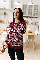 Бордовый женский свитер с оленями новогодний женская зимняя кофта с оленями Toywo Бордовий жіночий светр з