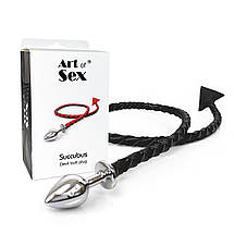 Металевий анальний корок M з диявольським хвостом Art of Sex — Succubus, екошкіра, чорний, фото 5