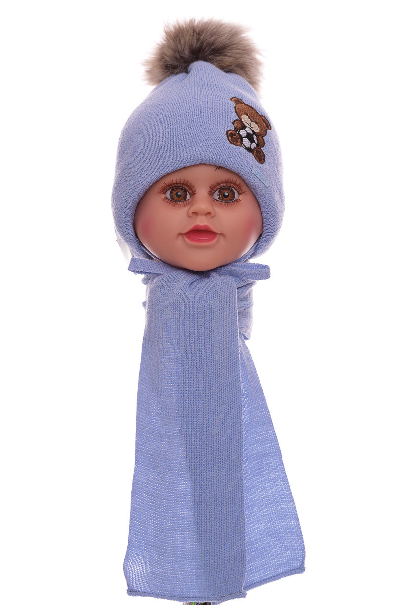 Шапка+шарф для хлопчика термоутеплювач на флісі з ведмедиком блакитна