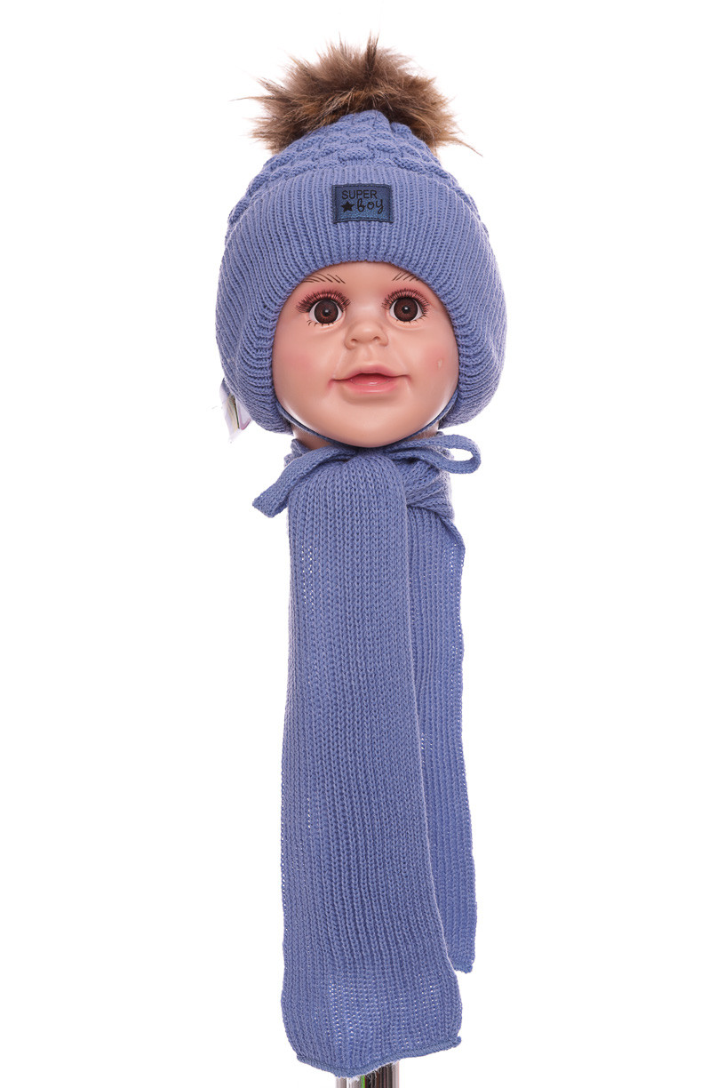 Шапка+шарф для хлопчика в'язка термоутеплювач на флісі Super Boy блакитна