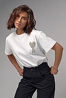 Трикотажная футболка Ami украшена бисером и стразами - белый цвет, S