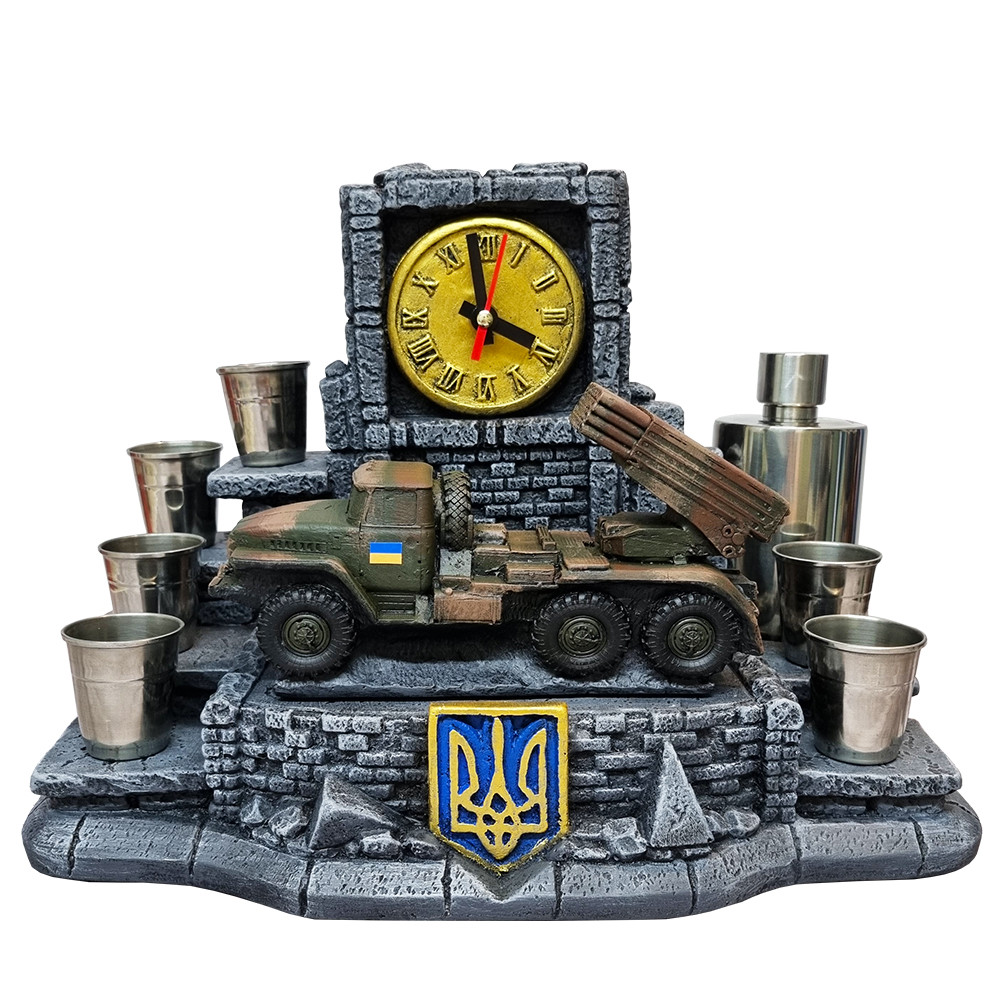 Подарунки на військову тематику для чоловіків, уастольний сувенірний з годинником для дому "БМ-21 Град" ручної роботи