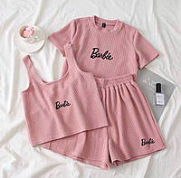 Женский трендовый красивый модный молодежный трикотажный розовый костюм барби топ футболка и шорты
