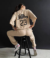 Женский стильный базовый трендовый универсальный костюм оверсайз с надписями футболка и штаны (беж, графит)