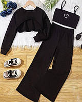 Женский красивый базовый трендовый модный молодежный костюм тройка с сердечком штаны топ и кофта (черный, беж)
