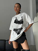Женская трендовая базовая яркая стильная молодежная футболка оверсайз с рисунком (белый, черный)