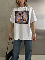 Женская трендовая модная стильная молодежная белая футболка оверсайз с рисунком Микки Мауса