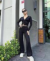 Женский трендовый стильный базовый молодежный однотонный костюм топ и штаны (черный, синий, беж)