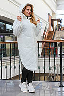 Довге біле пальто на кнопках із утеплювачем єврозима, великих розмірів від 48 до 60