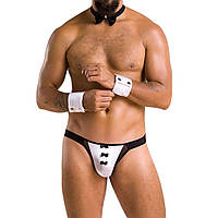 Комплект чоловічої стрінги з бантиками та манжети чорного кольору з білим Passion Set Alfred black 036 розміри L XL Кайф