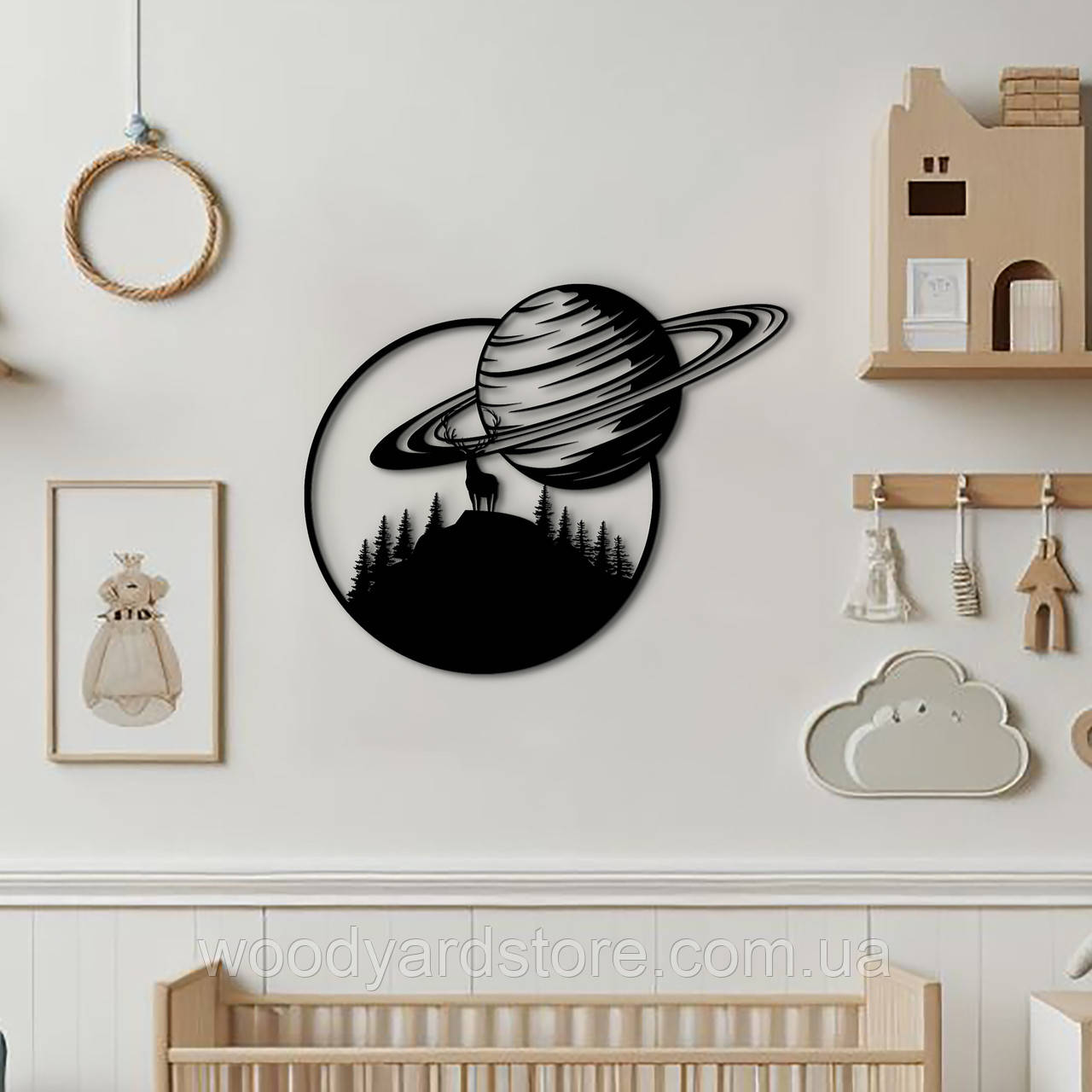 Дерев'яний декор для дому, декоративне панно на стіну "Планета Сатурн в день", стиль лофт 20x25 см
