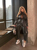 Крутий шкіряний жіночий костюм сорочка оверсайз і штани брюки мом якісний комплект 42 / XL / 50