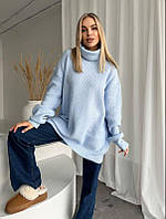 Вʼязаний жіночий оверсайз светр - туніка з високим горлом однотонний One size