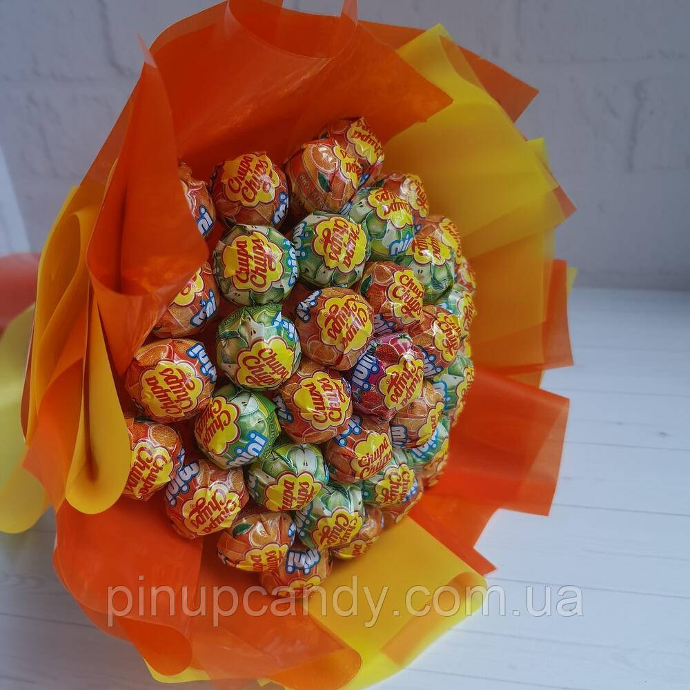 Яскравий букет з цукерок Чупа Чупс Chupa Chups (37 шт.) в руку помаранчевий, фото 1