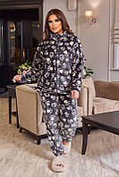 Жіноча плюшева тепла піжама принтована комплект зіп кофта і штани якісний