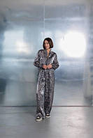 Шикарний блискучий леопардовий костюм жіночий комплект зіп кофта і штани оверсайз широкі