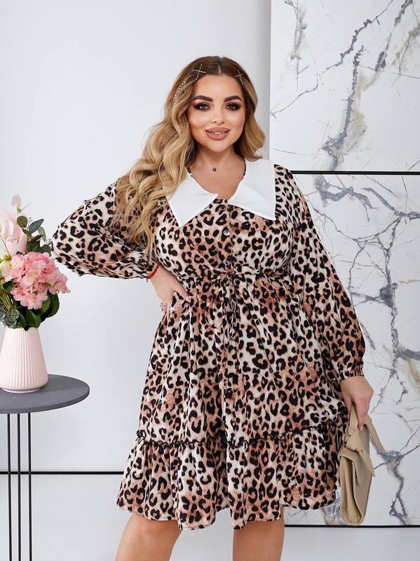 Якісна стильна леопардова сукня міні оверсайз люксове плаття з коміром на кулісці, фото 1