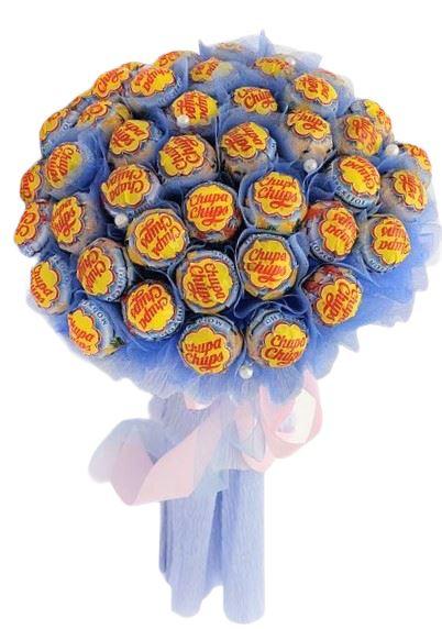 Оригінальний букет з цукерок Чупа Чупс Chupa Chups (47 шт.) в руку подарунок блакитний
