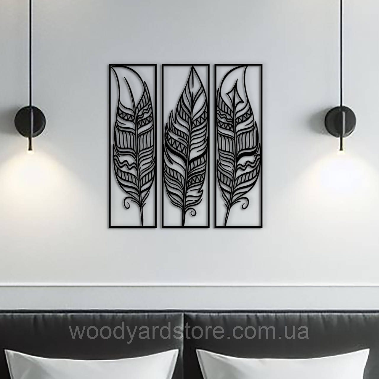 Модульна картина на стіну з дерева, декор для кімнати "Пір'я в рамці модульні", стиль лофт 25x23 см