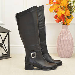 Високі чорні жіночі чоботи на маленькому підборі. Натуральна шкіра. Батал