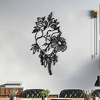 Деревянная картина на стену, декоративное панно из дерева "Цветы и сердце", оригинальный подарок 60x35 см