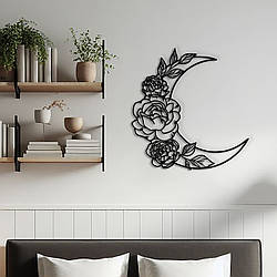Дерев'яна картина на стіну в спальню, декоративне панно з дерева "Місяць та квіти", стиль лофт 20x23 см