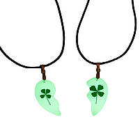 Парні кулони для закоханих у формі серця з 4-х листковою конюшиною. Кулон, що світиться в темряві для двох, фото 3