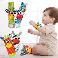 Носки и браслеты (черно-оранжевый) с погремушками, тактильные игрушки для малышей, шуршат и звенят (набор из 4