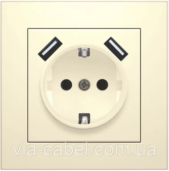 Розетка одномісна із заземленням та двома USB портами серія IDEAL BEIGE ТМ "MARSHEL" кремова