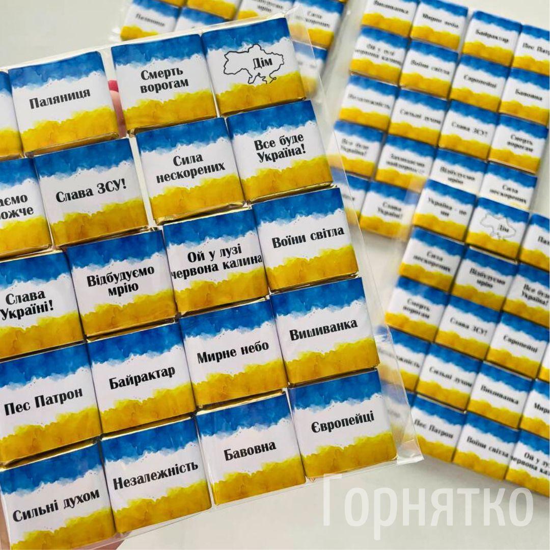 Шоколадки патріотичні жовто-блакитні з написами поштучно, знижки на опт