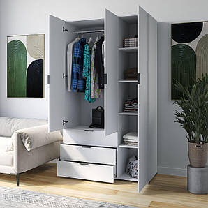 Шафа для одягу на 3 двері з шухлядами, штангою і полицями по праву сторону
