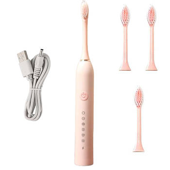 Ультразвукова зубна щітка Х-3 + 4 насадки, Рожева / Портативна бездротова щітка для чищення зубів