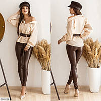 Костюм женский красивый стильный классический эффектный блузка с поясом и кожаные приталенные брюки арт 172 44/46