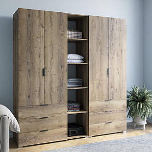 Шафа для одягу на 4 двері з шухлядами та відкритими полицями