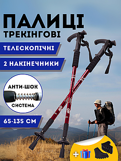 Телескопічні палиці для скандинавської ходьби палиці для трекінгу скандинавські 2 шт ENERGIA Червоний (3924-2)