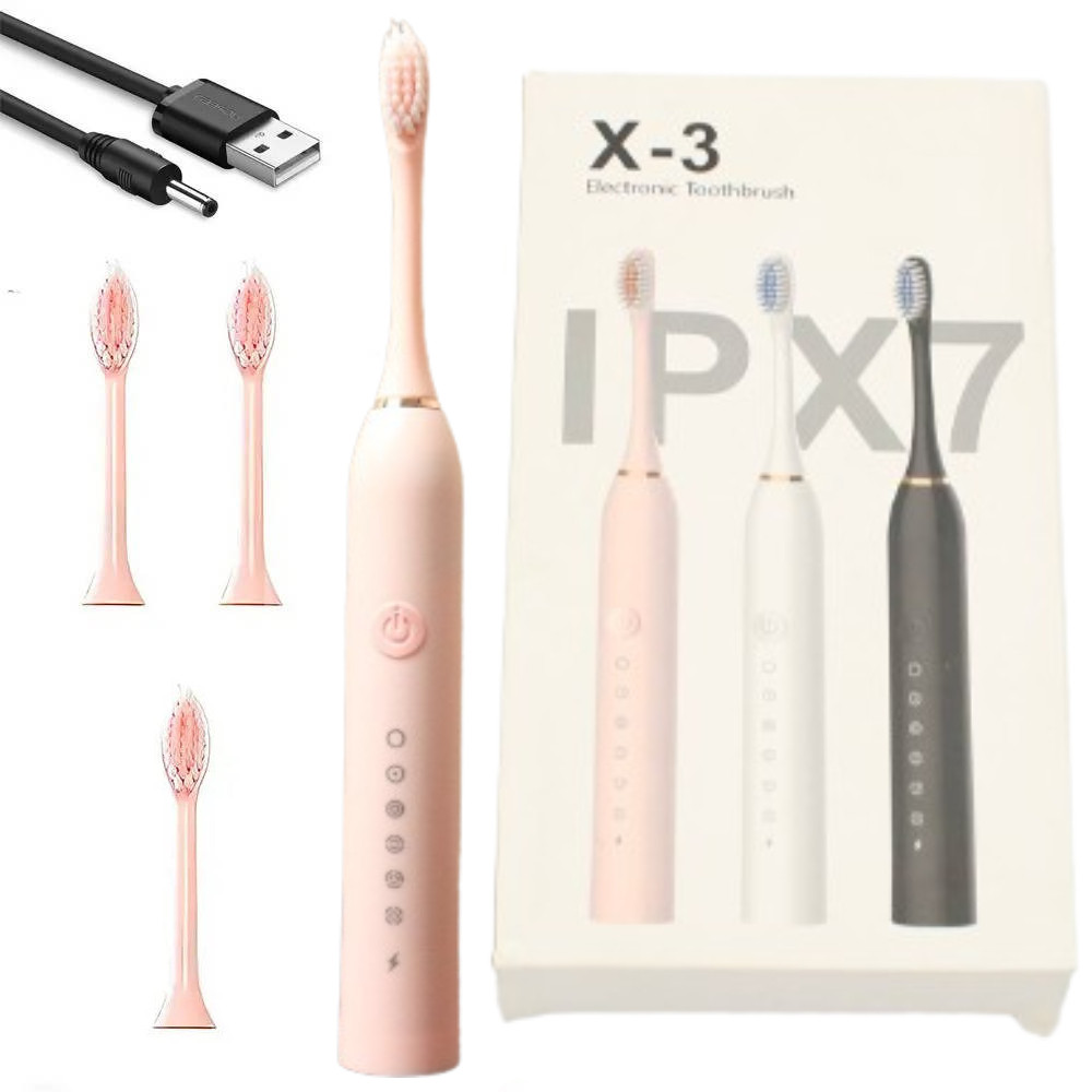 Ультразвукова зубна щітка + 4 насадки, Х-3, Рожева / Електрична щітка / Щітка електрична для зубів, фото 1